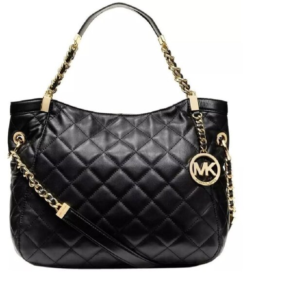 MICHAEL KORS SUSANNAH BLACK QUILT LEATHER GOLD LOGO MEDIUM SHOULDER BAG NWT!